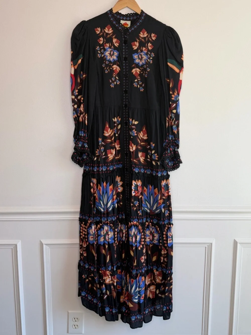NEW FARM Rio Winter Garden Floral Print Tiered Puff Long Sleeve Maxi Dress Sz M - Picture 6 of 16